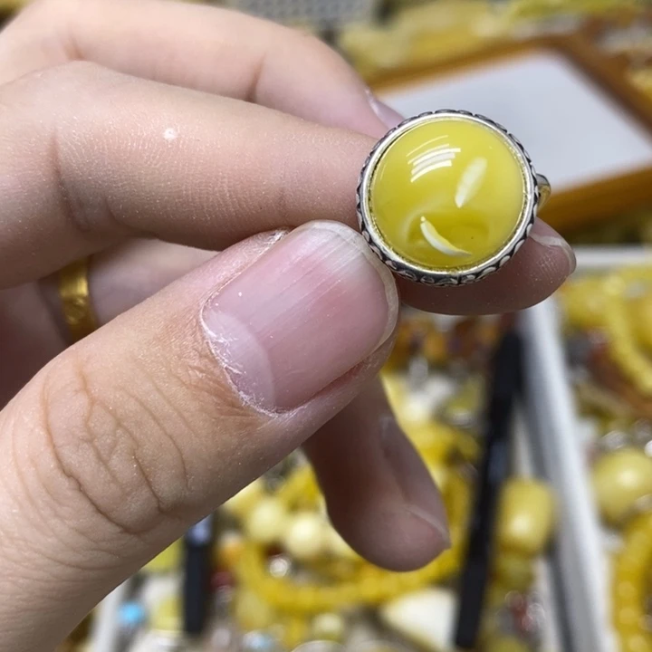 蜜蜡银S925镶嵌裸石戒指