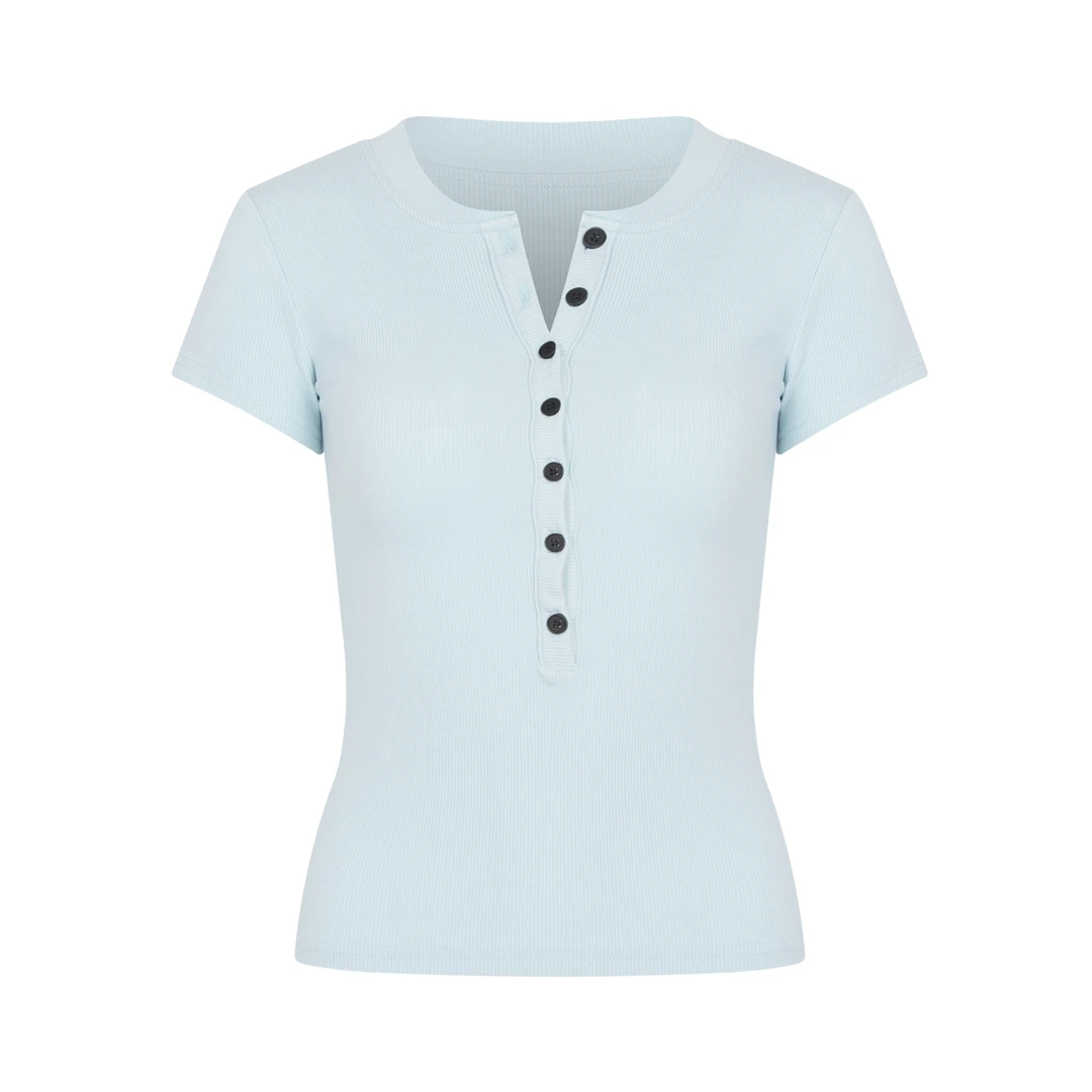 自制螺纹七粒扣亨利衫正肩短袖T恤女2025夏季紧身显瘦打底上衣