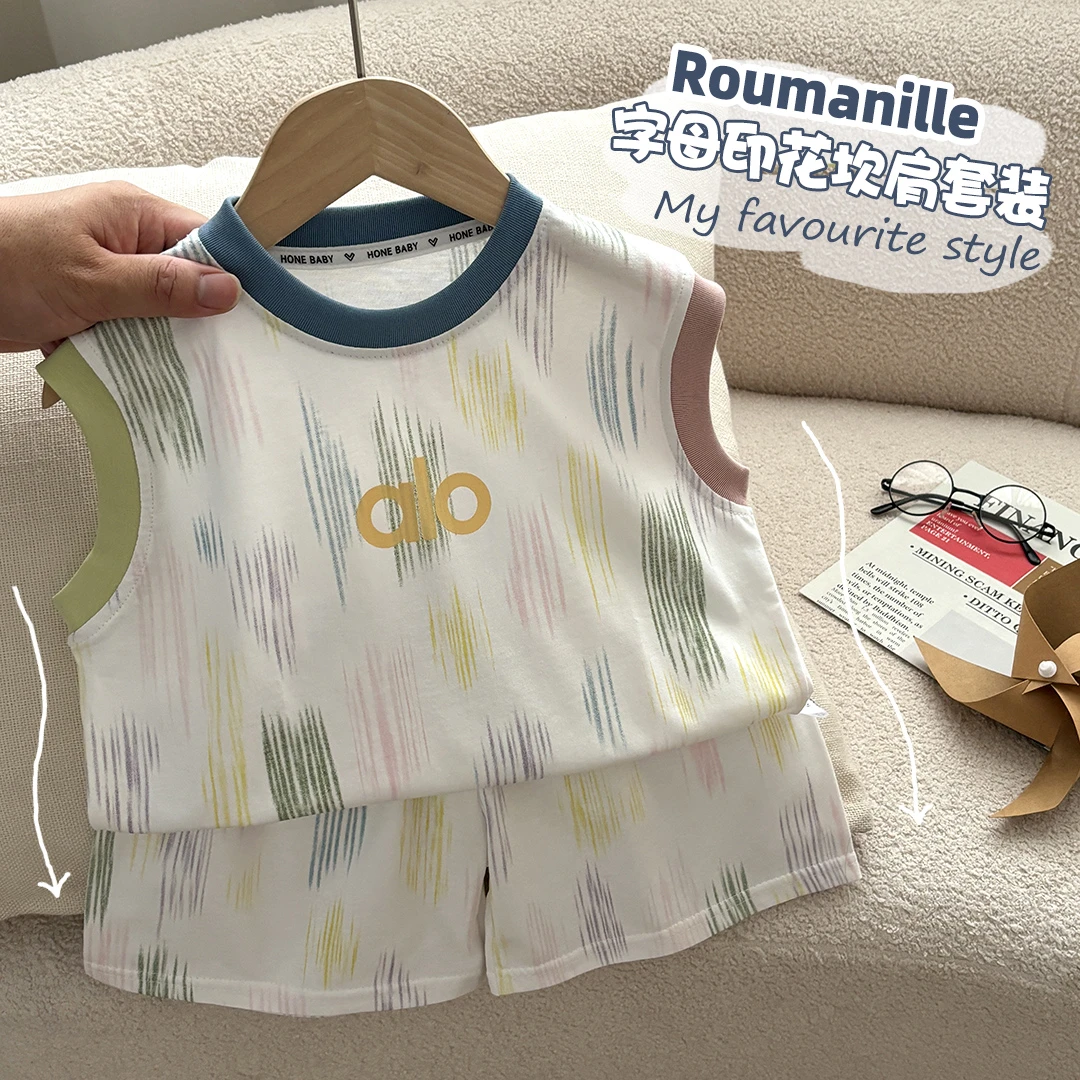 儿童夏季新款纯棉无袖背心套装宽肩拼色洋气男女童中小童休闲