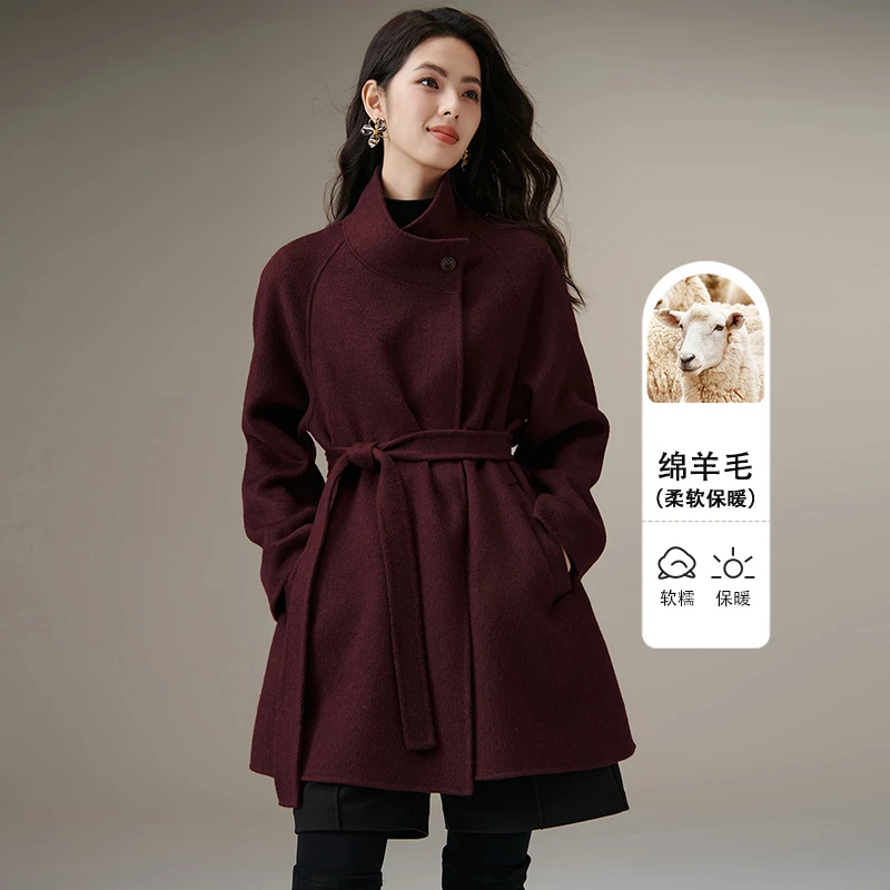 晚白【新品】2025冬短外套收腰系带大衣女25071520