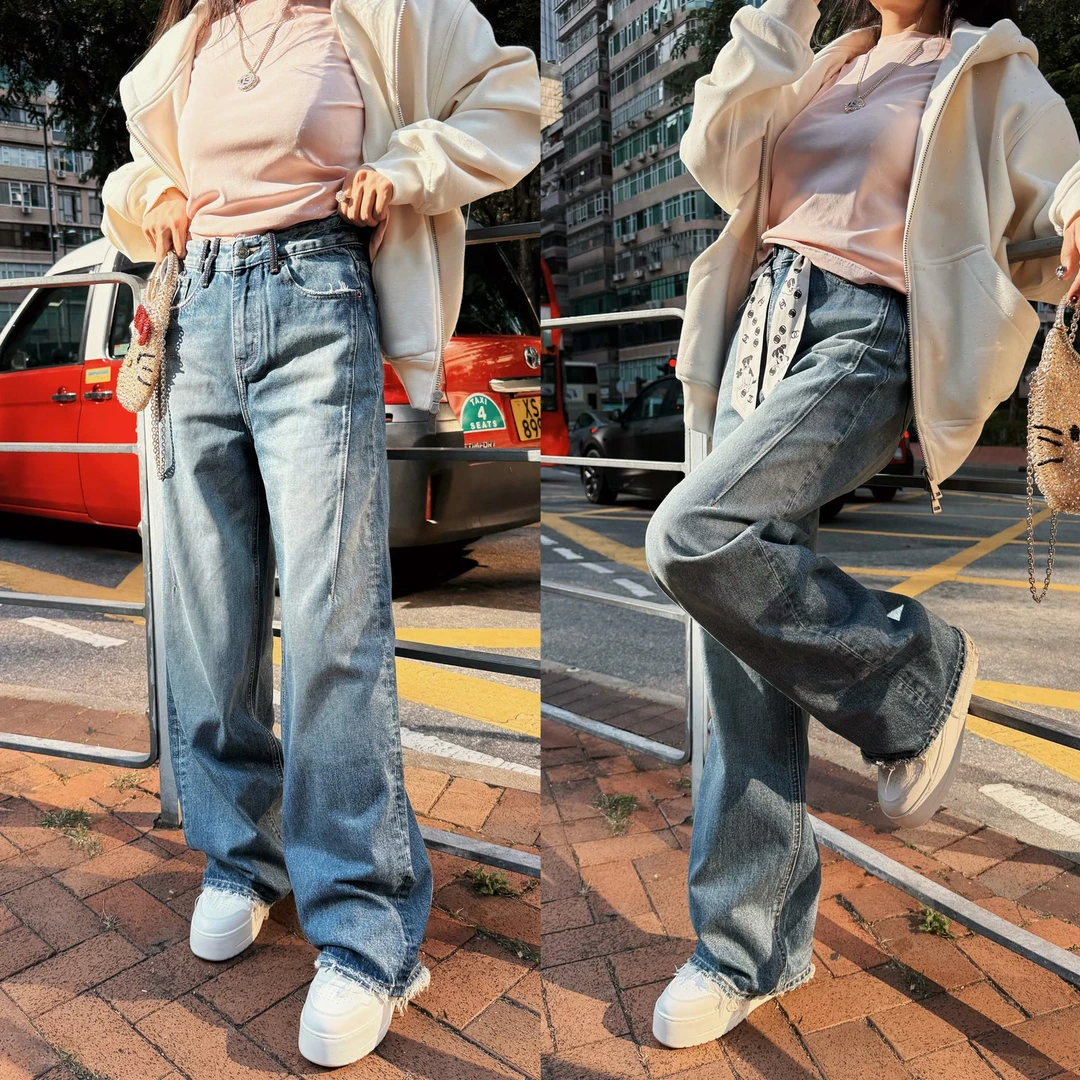 姗蔓深圳原版/218椰椰奶盖~显瘦百搭高腰阔腿牛仔裤