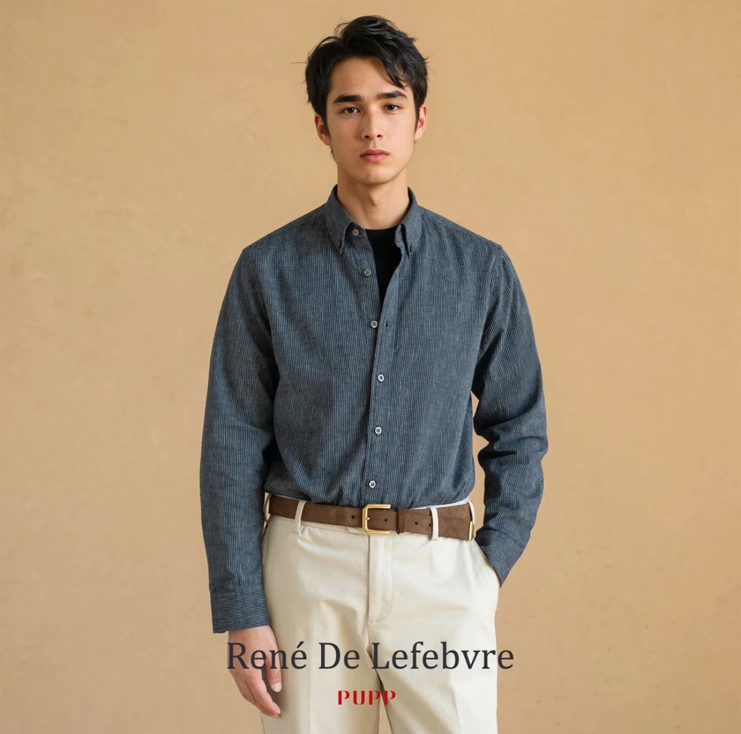 René De Lefebvre25男士夏季长袖休闲简约复古棉麻混纺衬衣衬衫