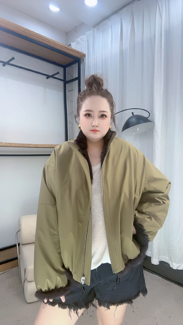 大码百搭韩版派克服兔毛内胆纯色立领宽松型版短款外套