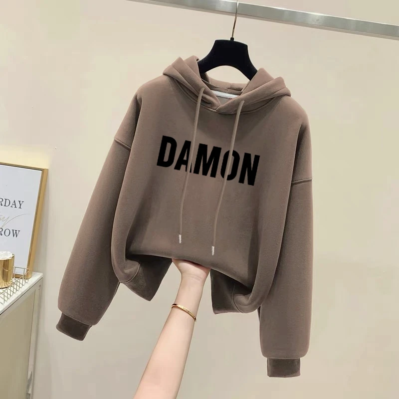 设计感小众秋冬新款2025加绒加厚套头连帽卫衣女短款宽松韩版外套