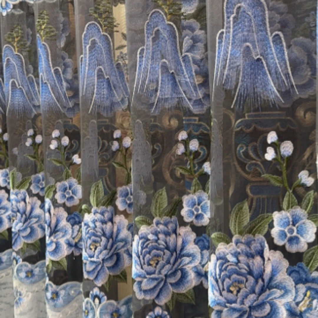 高品质宝石蓝雪尼尔绣花大镂空客厅阳台窗帘