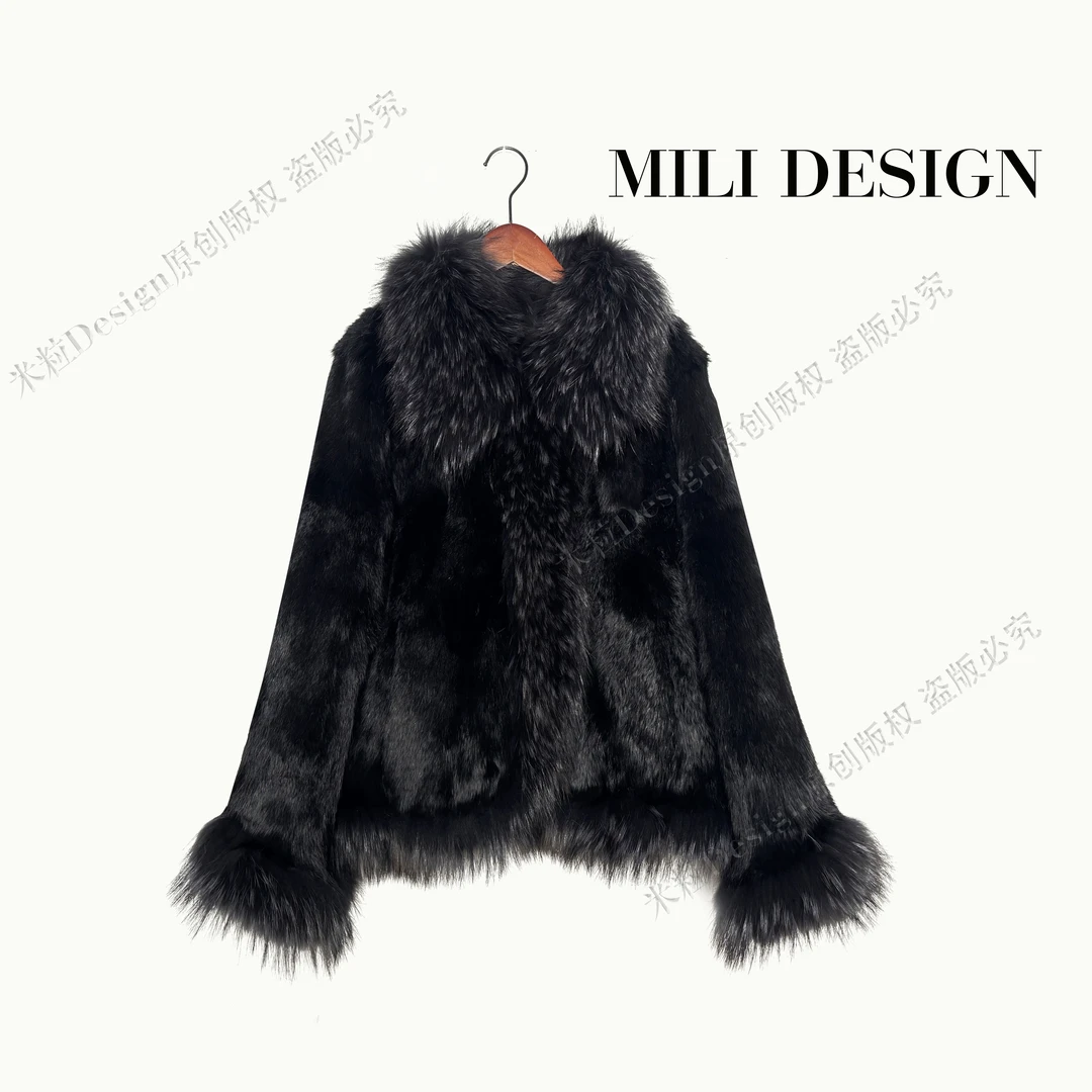 《原创设计》2025新款貉子大毛领修身显瘦兔皮毛外套898555款