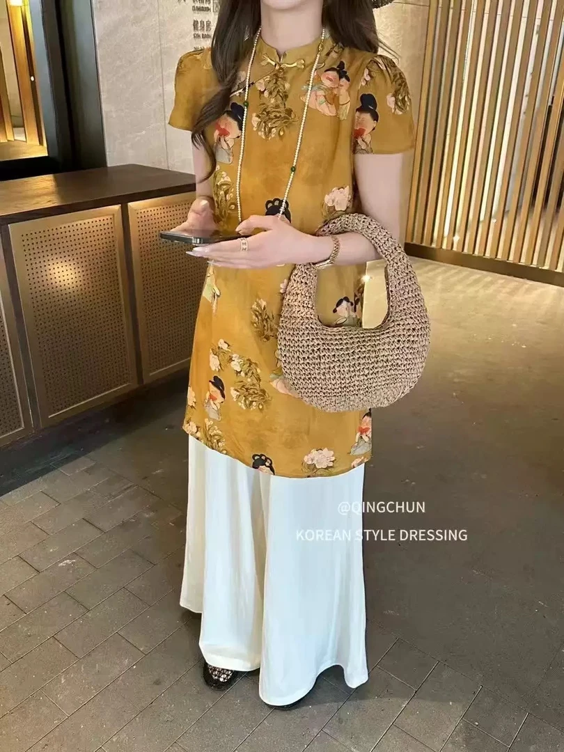 夏季新中式小唐人清冷感改良旗袍小立领短袖上衣T5171#