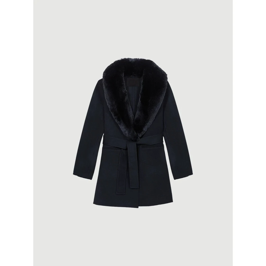 【MonTendre】秋冬新款 M 气质羊毛混纺系带短款收腰毛呢大衣外套