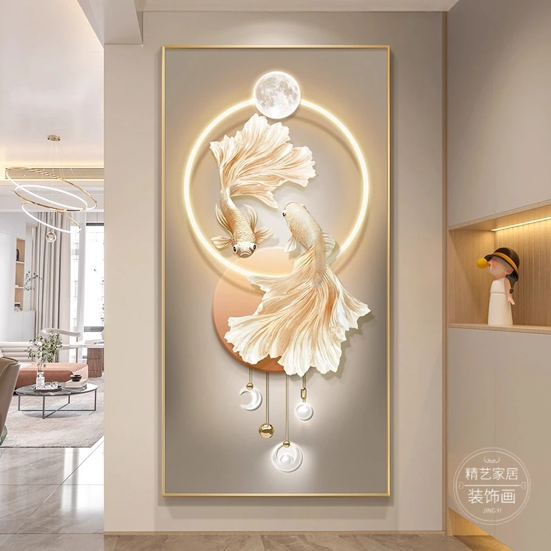 现代轻奢入户锦鲤玄关装饰画高级感过道走廊尽头挂画背景墙壁灯画