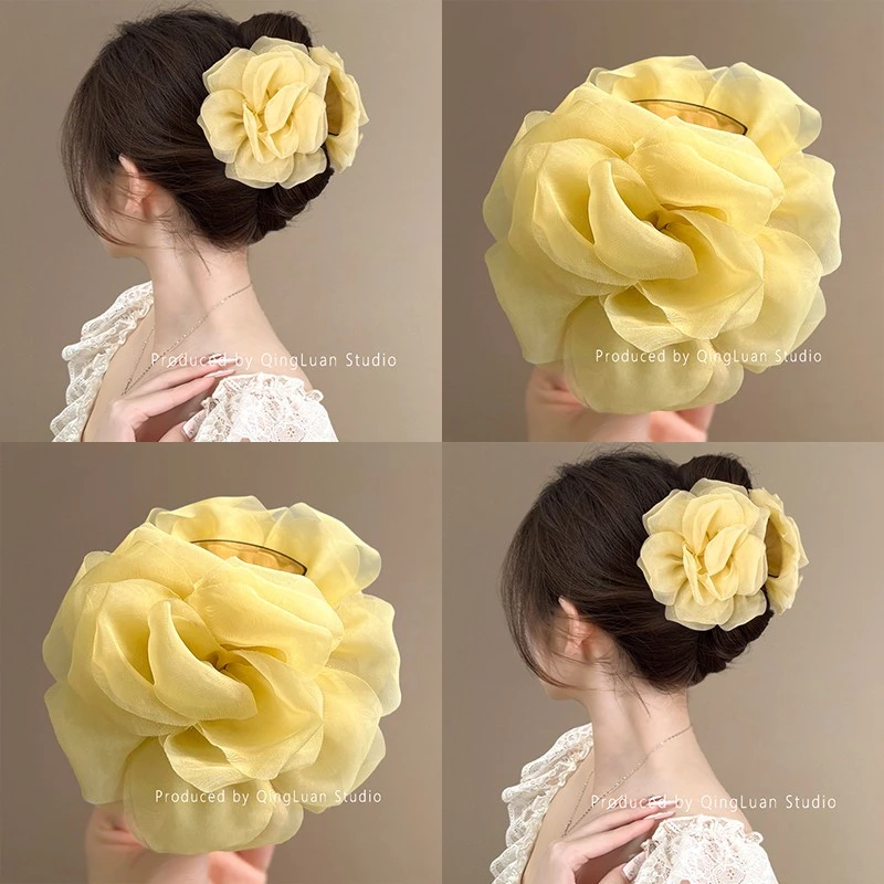 雾里栀子黄~温柔黄玫瑰花朵发夹后脑勺超仙欧根纱鲨鱼夹新款发饰