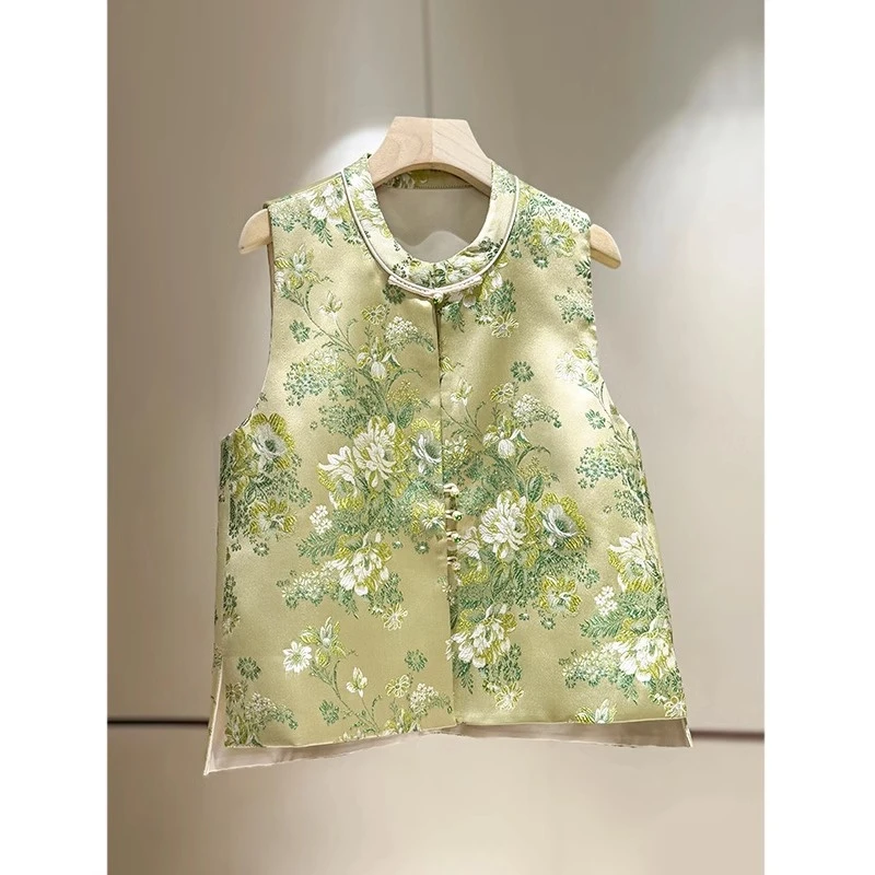 立体提花新中式绿色马甲女款2025春季新款高贵气质国风叠穿坎肩