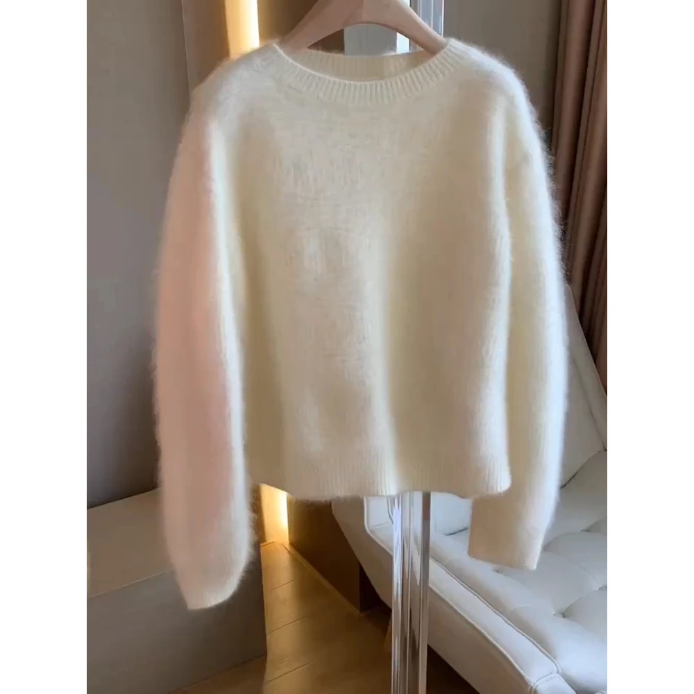 真心舒服！巨推荐！白色加厚针织衫女毛衣慵懒风短款圆领上衣冬季款