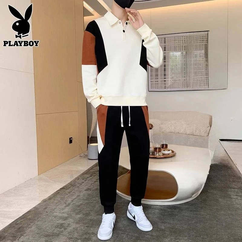 花花公子时尚套装男士潮牌春秋季新款拼色卫衣搭配束脚休闲裤一套