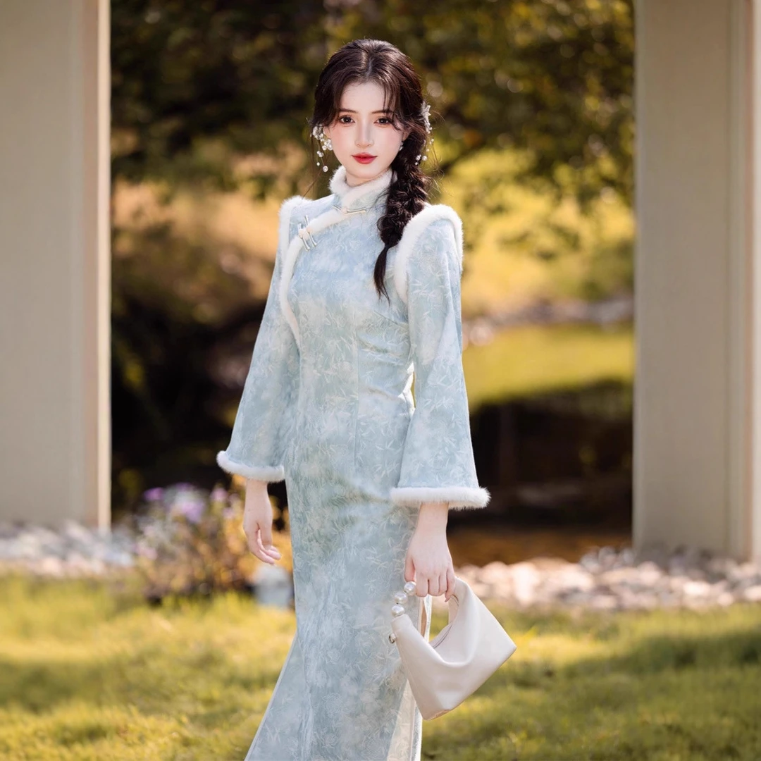 2025秋冬新款鎏金银珠缎加绒加厚长款旗袍倒大袖收腰修身立领旗袍