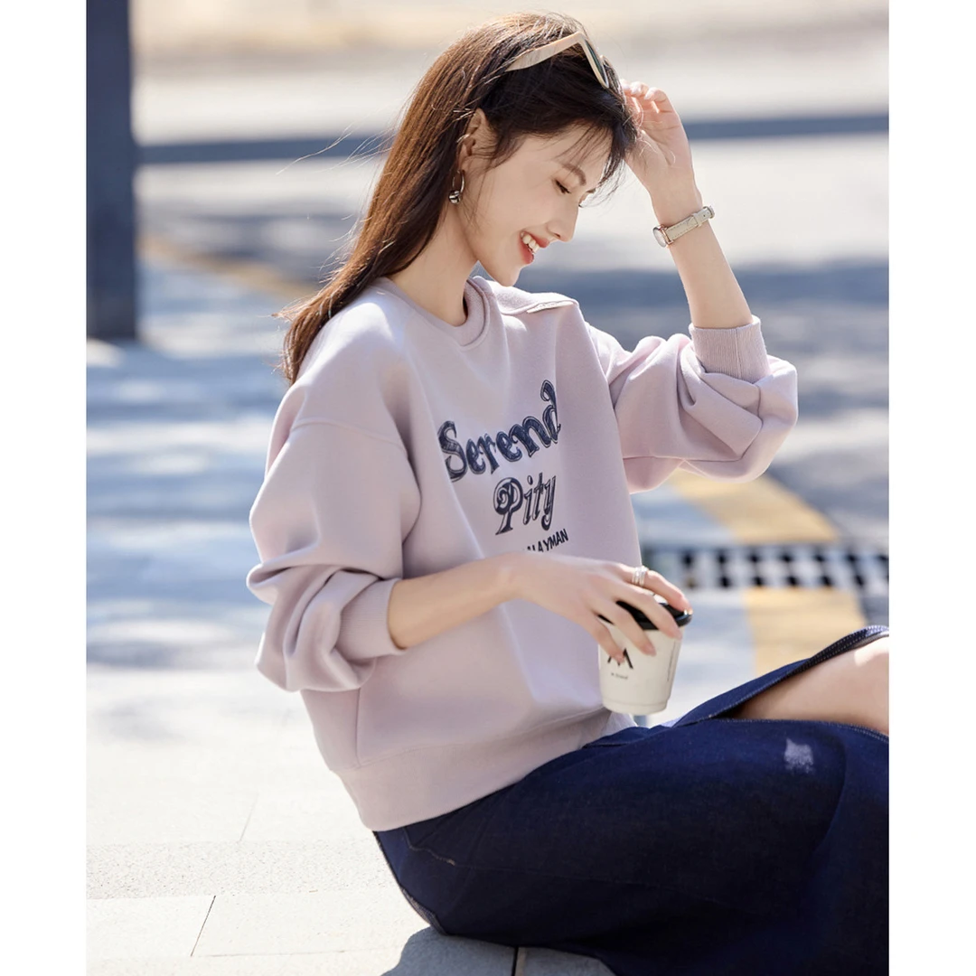 尚静通勤风美式复古潮流字母印花卫衣2025秋季新款时尚休闲百搭