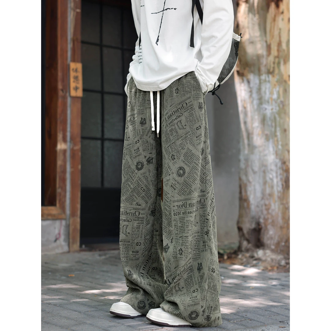 SYFS美式秋季新款复古报纸满印设计百搭舒适朋克风灯芯绒休闲裤男