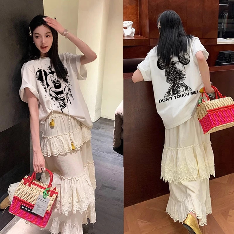 港风ins纯棉短袖t恤百搭情侣款卡通米奇设计感白色洋气小众女装潮