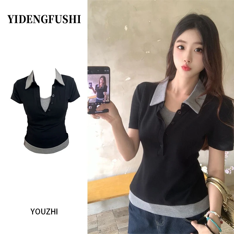 2025微胖MM韩系假两件撞色短袖T恤女夏季新款修身设计感小众上衣