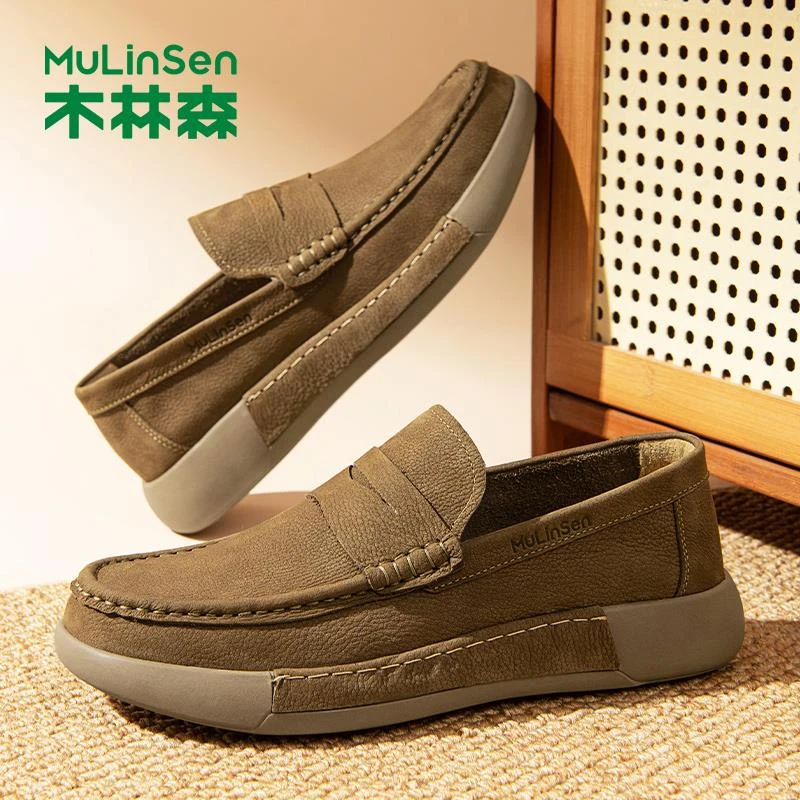 木林森秋季2025新款真皮复古一脚蹬头层磨砂皮休闲鞋一脚蹬豆豆鞋