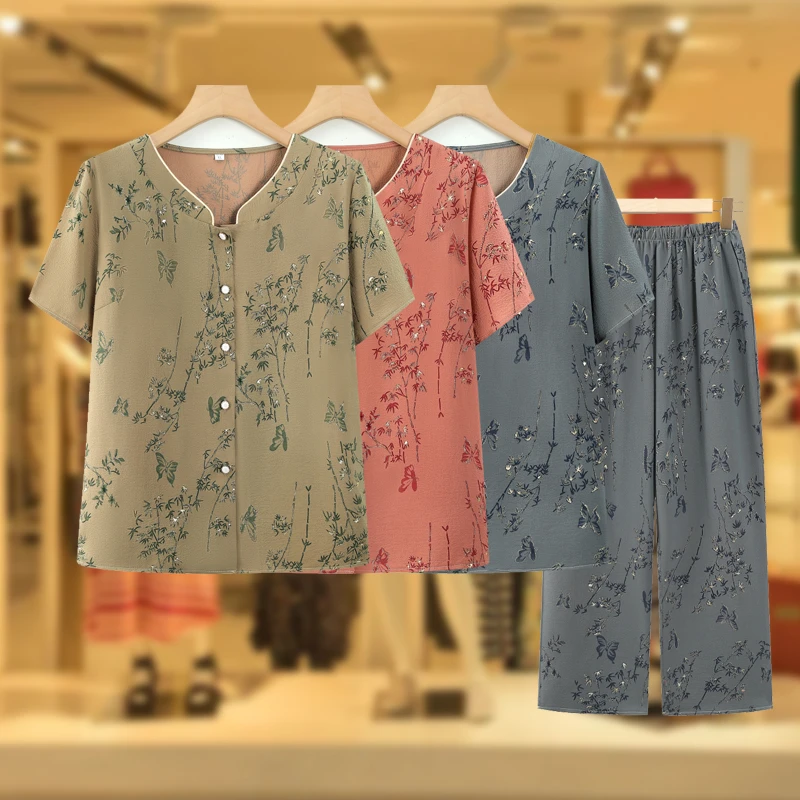 奶奶装夏季短袖套装70岁80女老年人妈妈衬衫两件套老太太宽松衣服