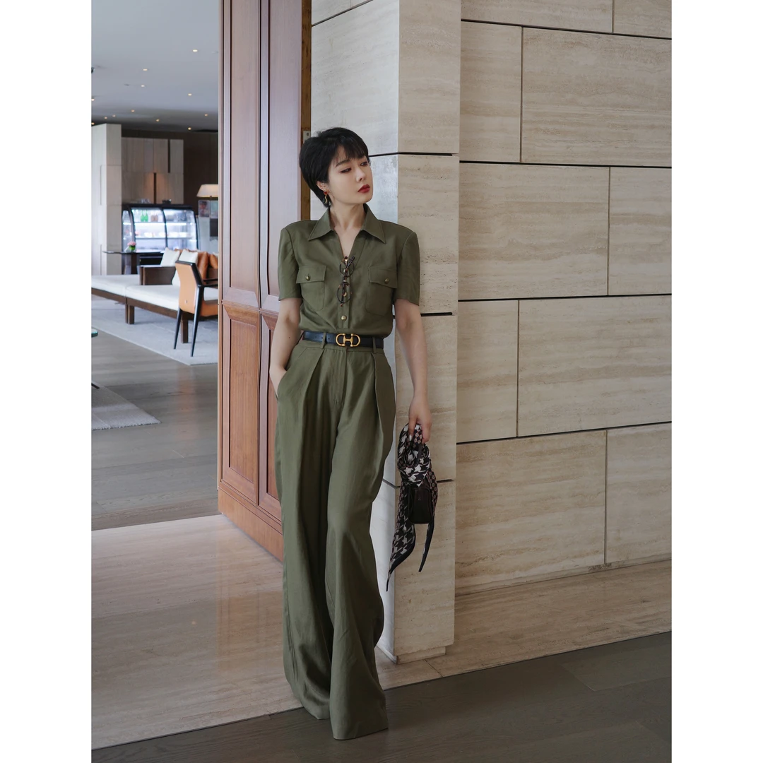 【航海日记】又飒又御 复古老钱风工装高支丝麻衬衫休闲裤分体套装