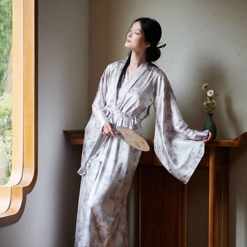 璟璃新中式水墨缎面冰丝国风晨袍浴袍薄款古风睡袍睡衣浴衣大码女