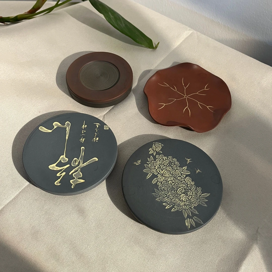 钦州坭兴陶各式坭兴陶茶托杯垫精工制作国风复古手工创意杯垫
