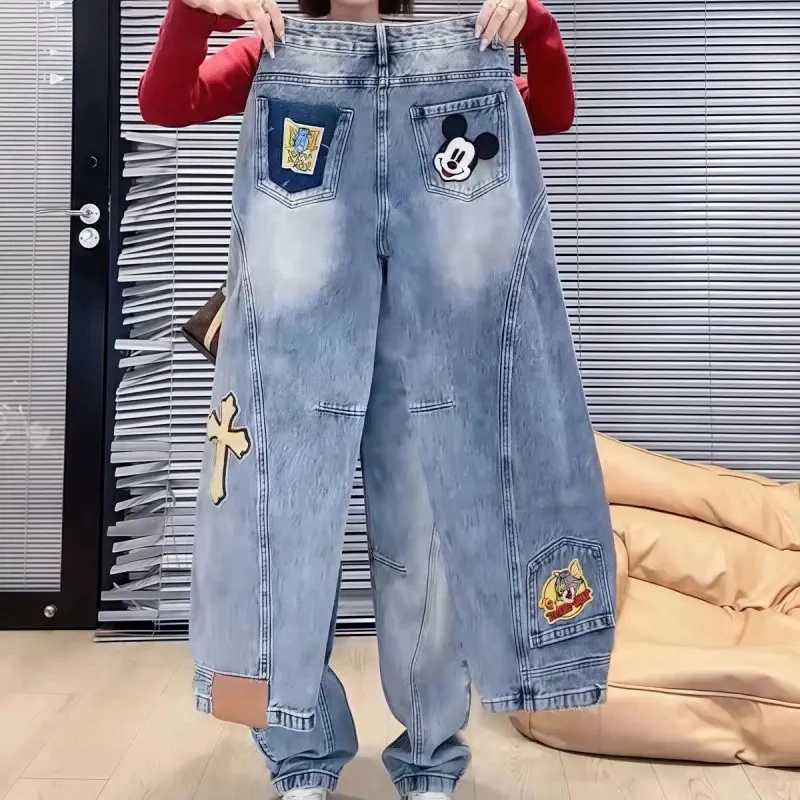 刺绣卡通米奇贴布直筒牛仔裤女2025春季新款宽松高腰显瘦百搭长裤