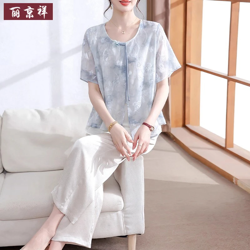 中年妈妈夏季时尚雪纺短袖套装新款中老年女新中式国风小衫两件套