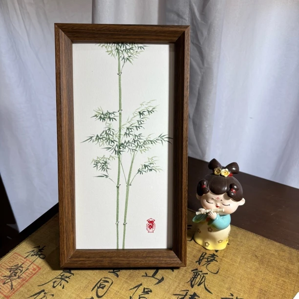 手绘国画竹子摆台，含框14.7×27.4，装饰画，竹报平安