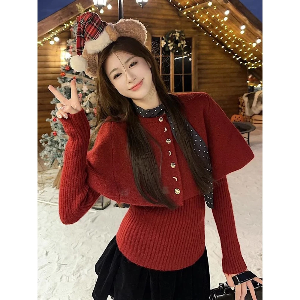 韩系穿搭红色斗篷毛衣套装女秋冬季2025年新爆款慵懒风高级感上衣