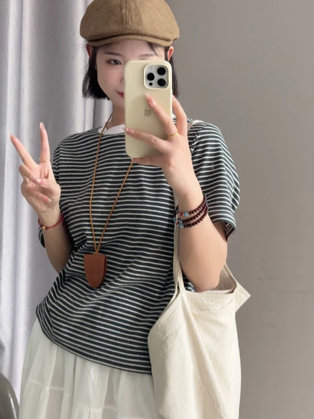 复古条纹宽松短袖T恤显瘦百搭休闲半袖上衣春夏