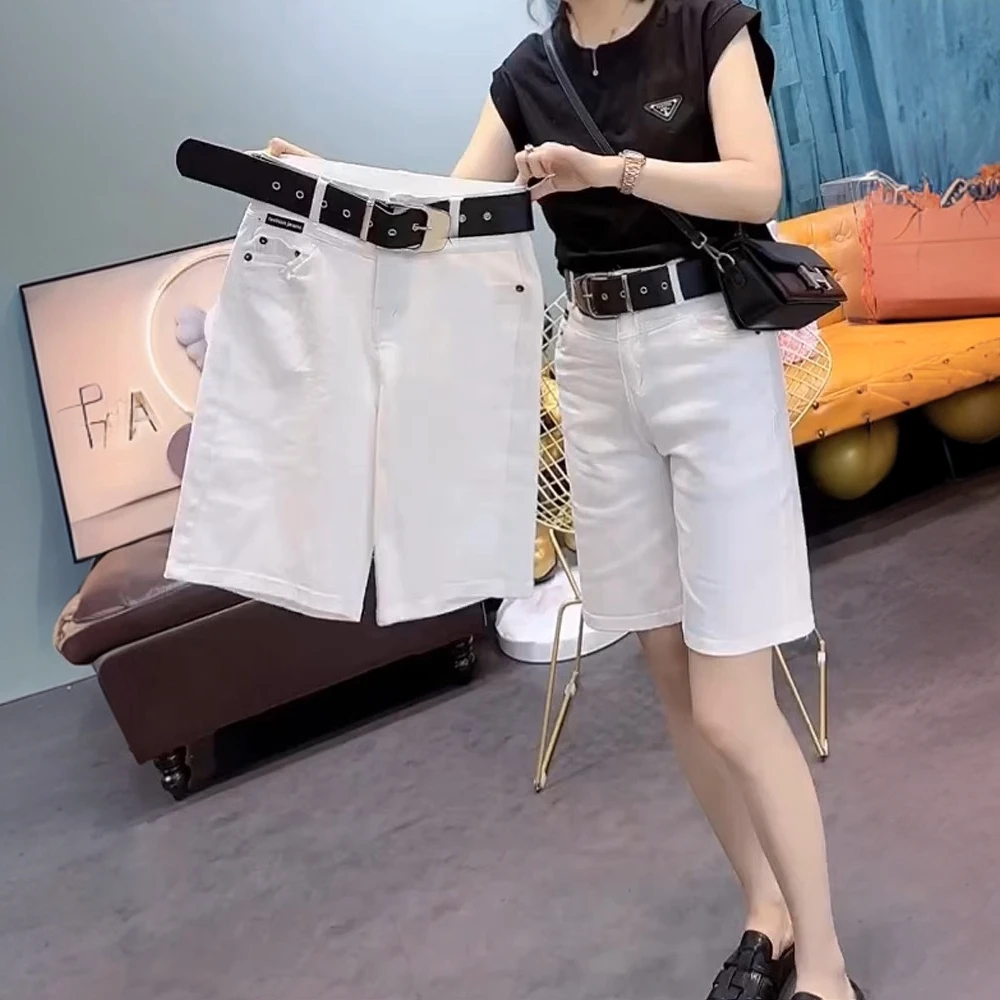 欧货白色直筒牛仔短裤女2025夏季薄款高腰宽松显瘦阔腿五分中裤子