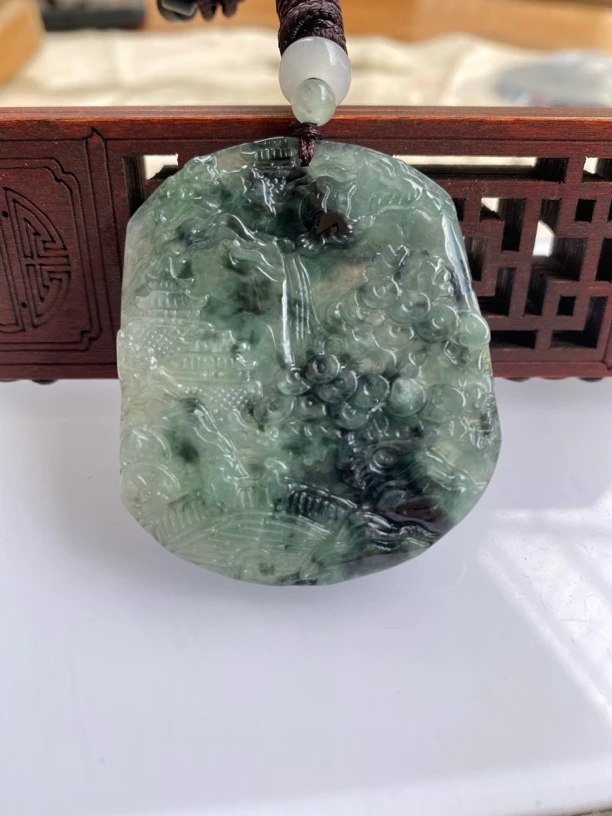新人福利天然A货翡翠山水牌
