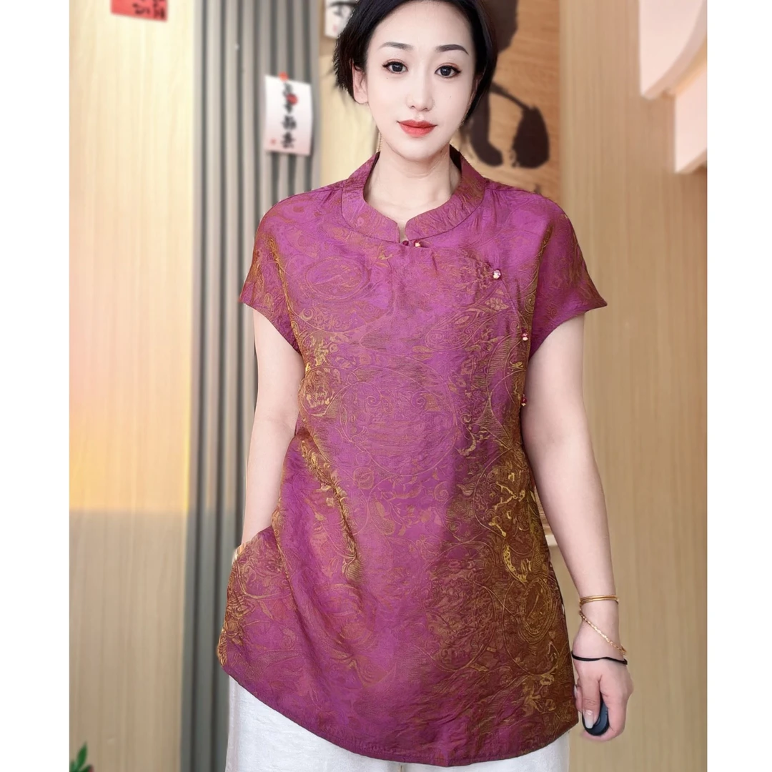 【黛紫叠金】新中式立领短袖衬衫夏季新款提花盘扣鎏金轻奢上衣
