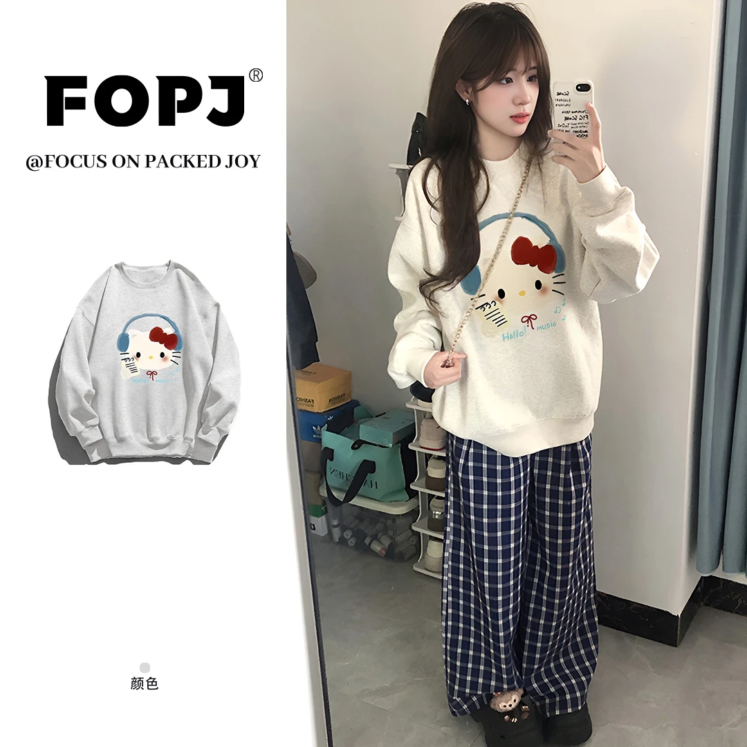 FOPJ春秋新款灰色系学院风kitty卫衣长袖t恤女时尚设计感圆领上衣