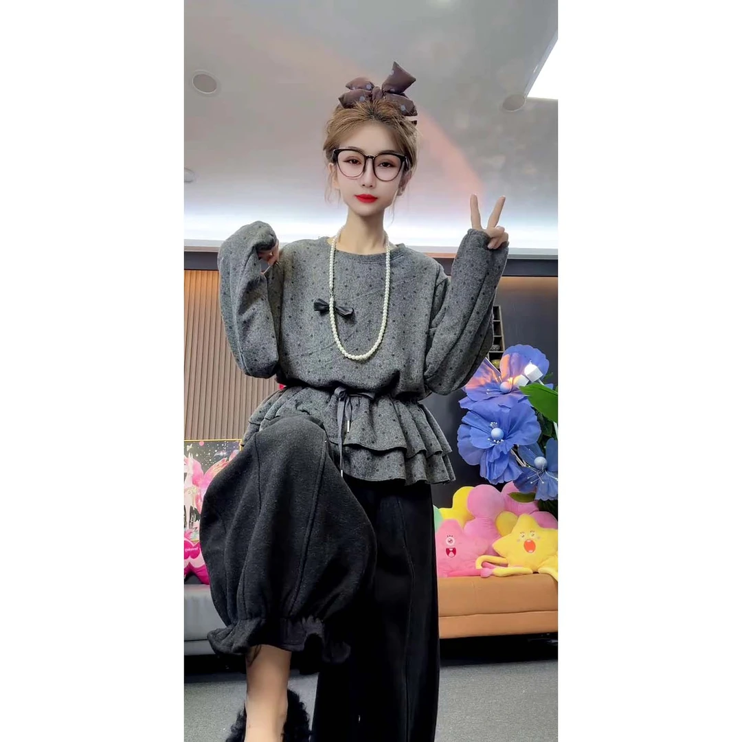 韩版时尚宽松设计感绑带收腰波点荷叶边打底衫