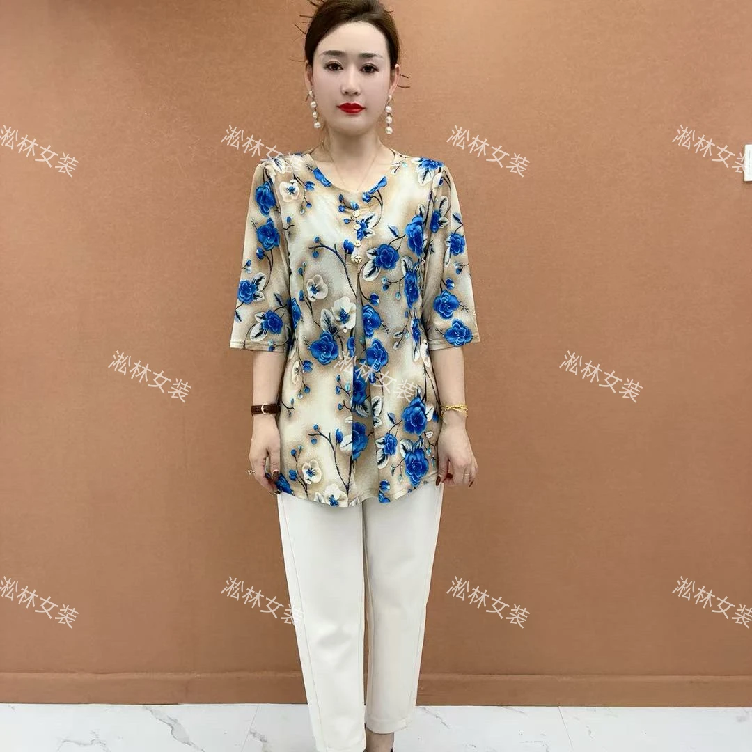 时尚大码妈妈装夏装气质薄款宽松显瘦遮肚子减龄百搭中老年小衫女
