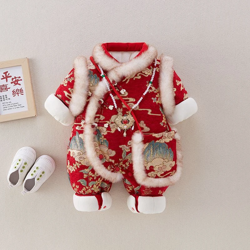 冬季宝宝拜年服连体衣满月百天爬爬服夹棉加厚棉衣超萌洋气外出服