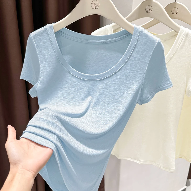 蓝色圆领冰丝正肩短袖t恤女2025新款内搭夏季薄短款纯欲修身上衣