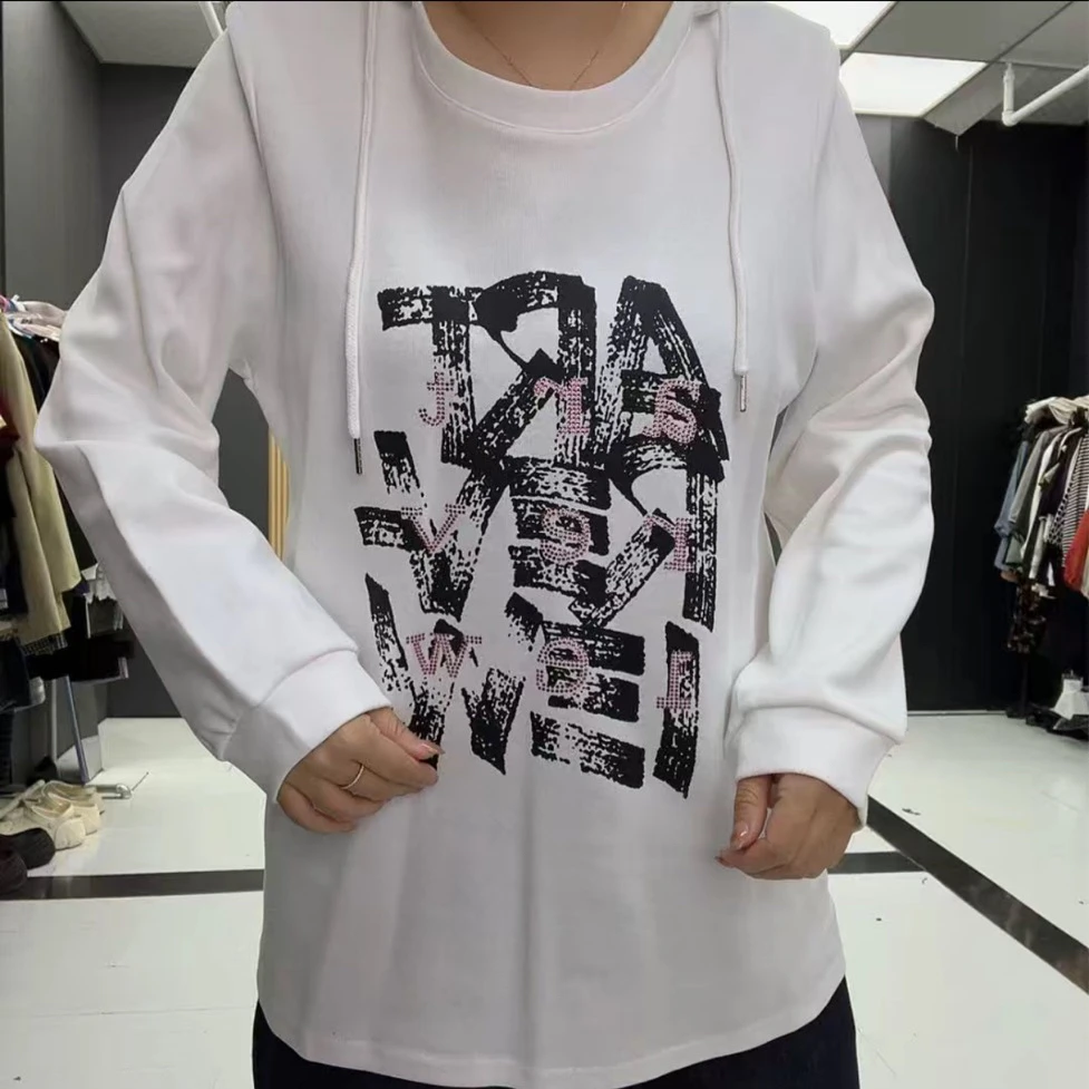 休闲胶印字母连帽春秋季卫衣女装圆领重工宽松长袖白色时尚-1756