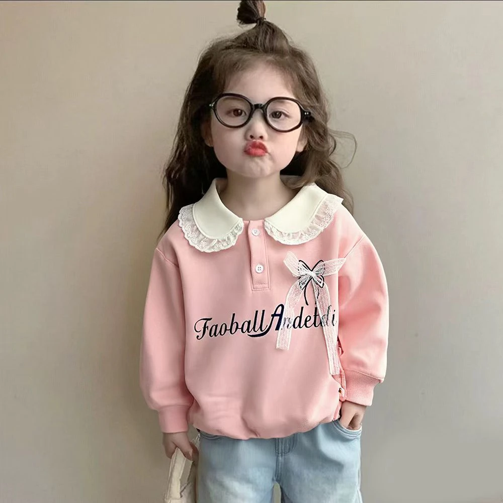 女童秋季polo领花边立体蝴蝶结女孩翻领长袖上衣百搭洋气娃娃领