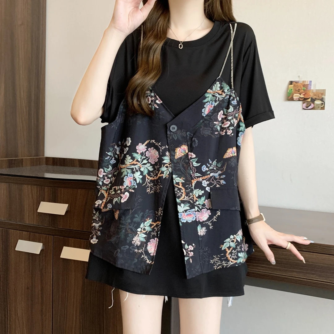 2025夏季新款时尚假两件印花显瘦新中式复古短袖T恤