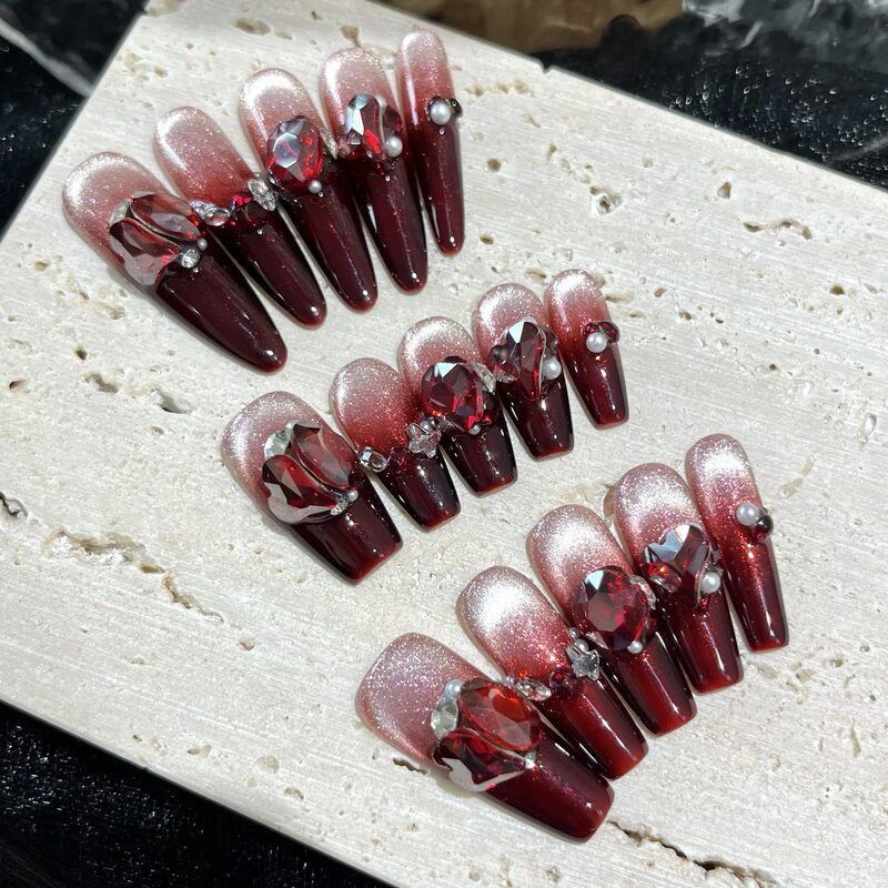 甲纯手工可拆卸 辣椒红 猫眼钻长甲片渐变小辣椒穿戴甲光疗堆