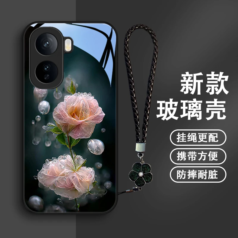 淡粉花朵适用红米iQOONeo11手机壳iQOONeo10Pro+玻璃壳保护套女款