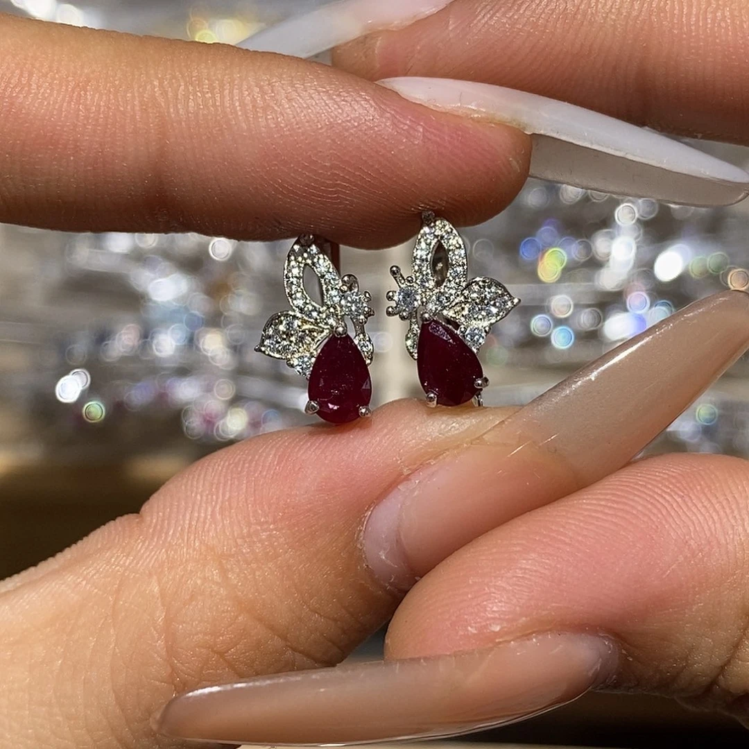 红宝石耳饰银S925镶嵌