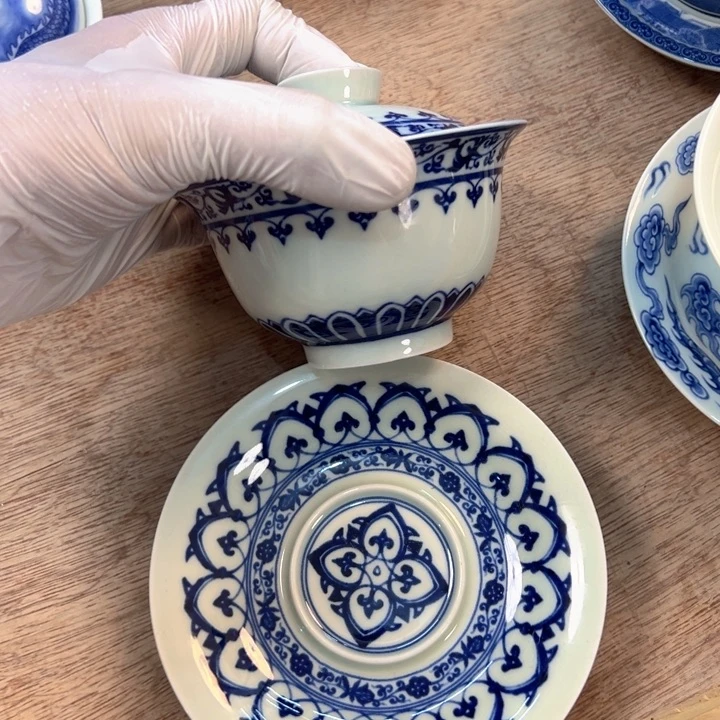 瓷片白青花宝相元宝盖碗全品