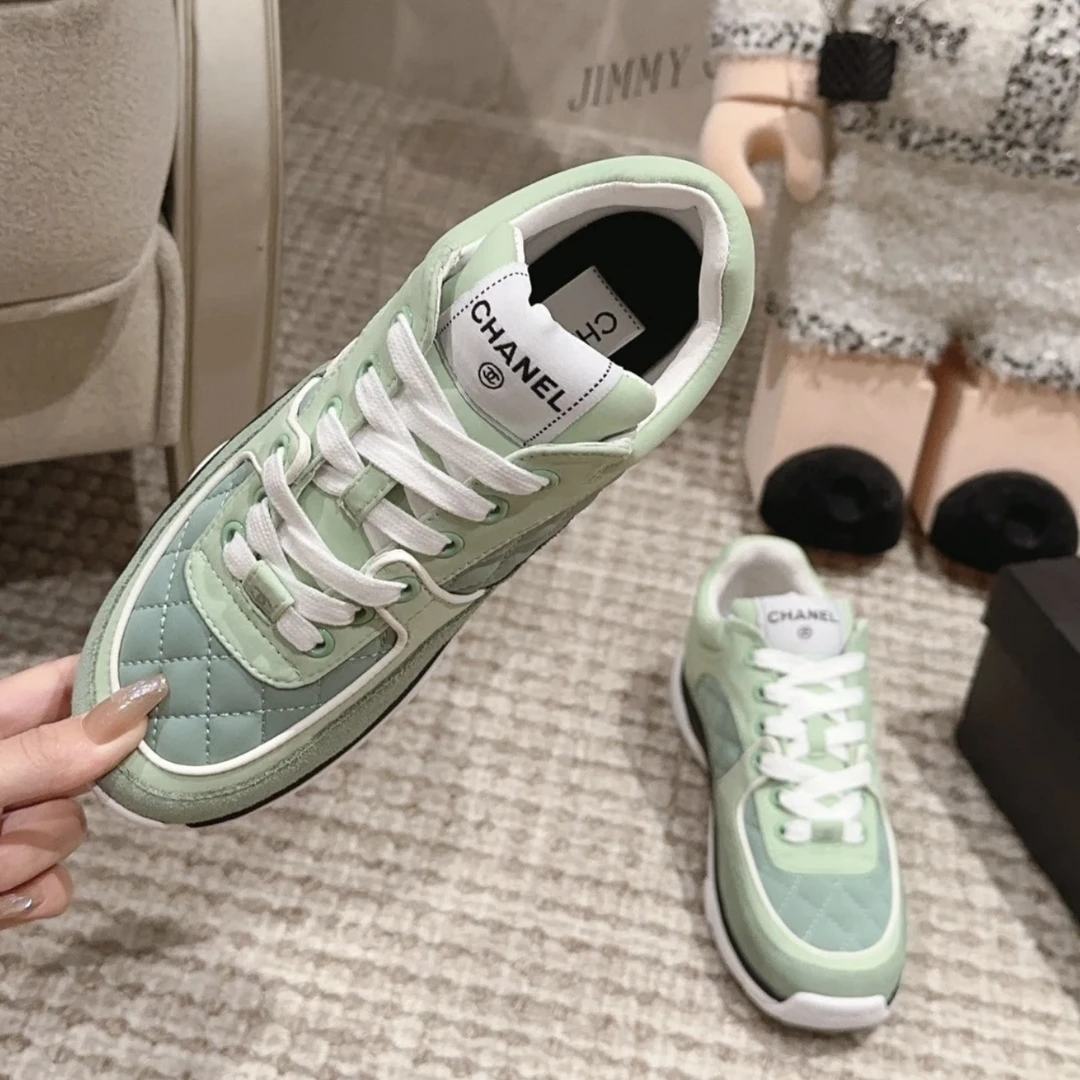 99新 Chanel/香奈儿 2dd156 苹果绿菱形格运动鞋 37码