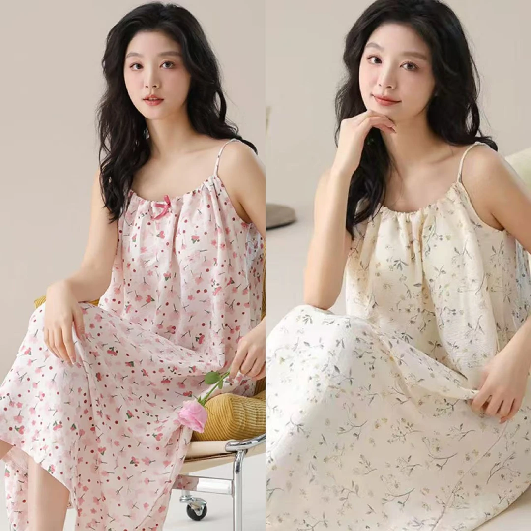 夏季粉色小花睡裙夏天睡衣裙女吊带带胸垫薄款甜美舒适宽松居家服