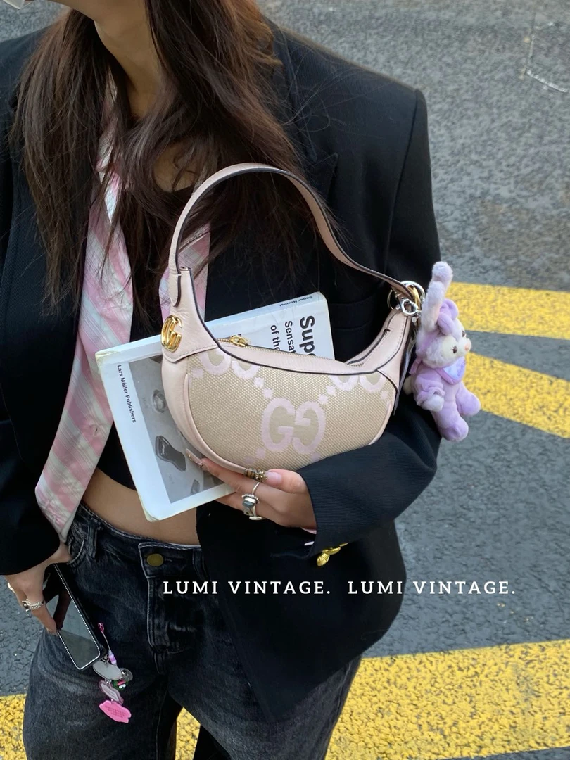 95新 GUCCI/古驰 粉老花Ophidia月牙单肩包42267484